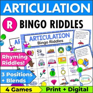 An R, blends and vocalic r words bingo articulation game with rhyming riddles. The bingo boards are shown in both a full color and a low color option, and a digital version is also included. Includes 4 games. All word positions and blends.