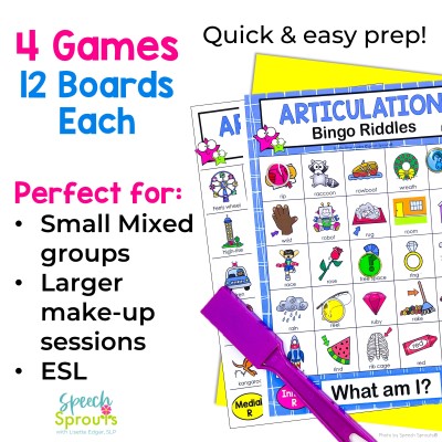 Four R articulation bingo games that have 12 boards each, and can be used for small or large groups, and ESL classrooms too. Two bingo boards are shown with magnetic bingo chips.
