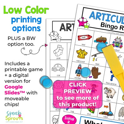 These two articulation bingo riddles boards shown in both the low color and a black and white printable versions. The boards are filled with articulation pictures. A digital version is also included in this articulation game set.