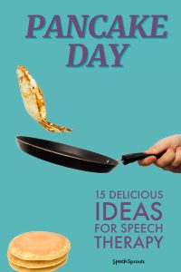 15 Ideas for Pancake Day speech therapy activities. Flipping pancakes in a pan (as shown) is a traditional Pancake Day activity.