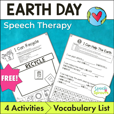 Free Speech therapy Earth Day activities including a cut and paste worksheet and a crack the code Earth Day vocabulary activity shown. 4 activities and a vocabulary list are included.