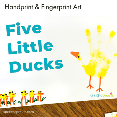 Five Little Ducks handprint and fingerprint art. Yellow Mama duck is made from a stamped handprint and an orange paper beak was added. The five baby ducks were made from yellow thumbprints, with orange marker beaks and legs. All the ducks have black marker eyes.