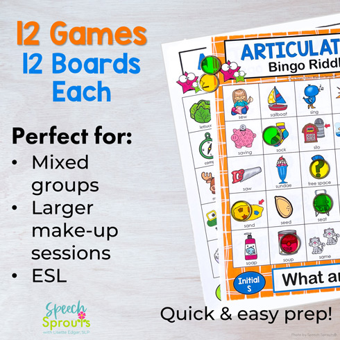 Articulation bingo games for speech therapy shown in a full color printable game version and a low-color version.
