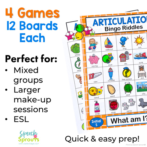 Two bingo cards in both full color and low color versions for articulation practice of initial S. From Speech Sprouts S artticulation Bingo Riddles games. There are 4 games with 12 boards each in the set.