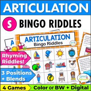 S Articulation Bingo Riddles games with pictured and written s-words, and rhyming riddle clue cards. The four s words speech therapy games provide practice of s in all positions and blends. Print the games in color or black and white or play the articulation games online with the digital version.
