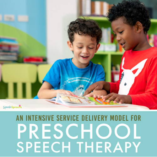 An intensive service delivery model for preschool speech therapy. The image shows preschool boys at a table looking at a picture book together.