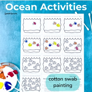 A black and white ocean preschool activity worksheet with 10 "oceans" containg 1-10 fish. The fish have been painted with cotton swabs in various colors.