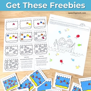 Get These Freebies: Two black and white ocean themed worksheets: a fish counting activity and a thumbprint fish activity with colorful fish above and velow a boat with two fisherman. Below the worksheets is a set of fish counting cards printing in color.