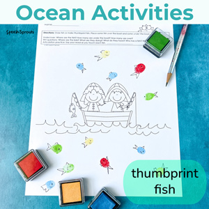 A black and white worksheet showing two kids in a fishing boat with fishing poles. Colorful thumbprint fish are both above and below the boat.