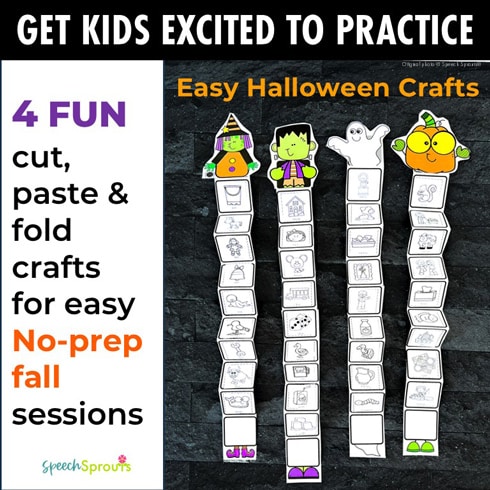 Four Halloween speech therapy articulation crafts printed in color featuring paper cut, paste and fold Halloween characters. Each character has a paper strip of 10 squares between the head and body at the top and feet at the bottom. There are nine articulation pictures pasted onto each of squares. The characters include: a witch with a green face, purple hair, orange dress and purple shoes, a monster with a square head, green face and purple outfit, a ghost and an orange pumpkin character with yellow eyes and green arms.