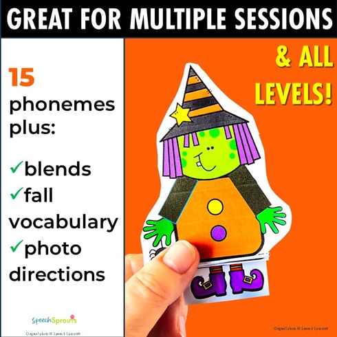 A Halloween speech therapy articulation crafts printed in color featuring a paper cut, paste and fold witch. The simple witch has a green face, purple hair, green hands, an orange dress with buttons and purple shoes. This accordion-folded craft is shown folded up short, with the shoes directly below the witch’s body.