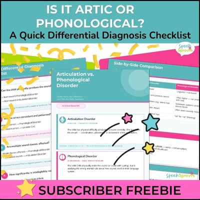 A free subscriber handout to help with differential diagnosis of speech sound disorders. Three pages are shown: A brief overview of Articulation vs Phonological disorder, a differential diagnosis checklist, and a side-by-side comparison.